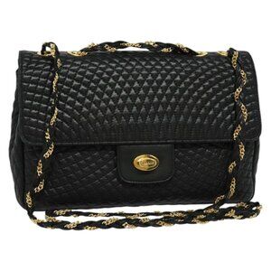 Authentic BALLY Chain Shoulder Bag Leather Black Gold